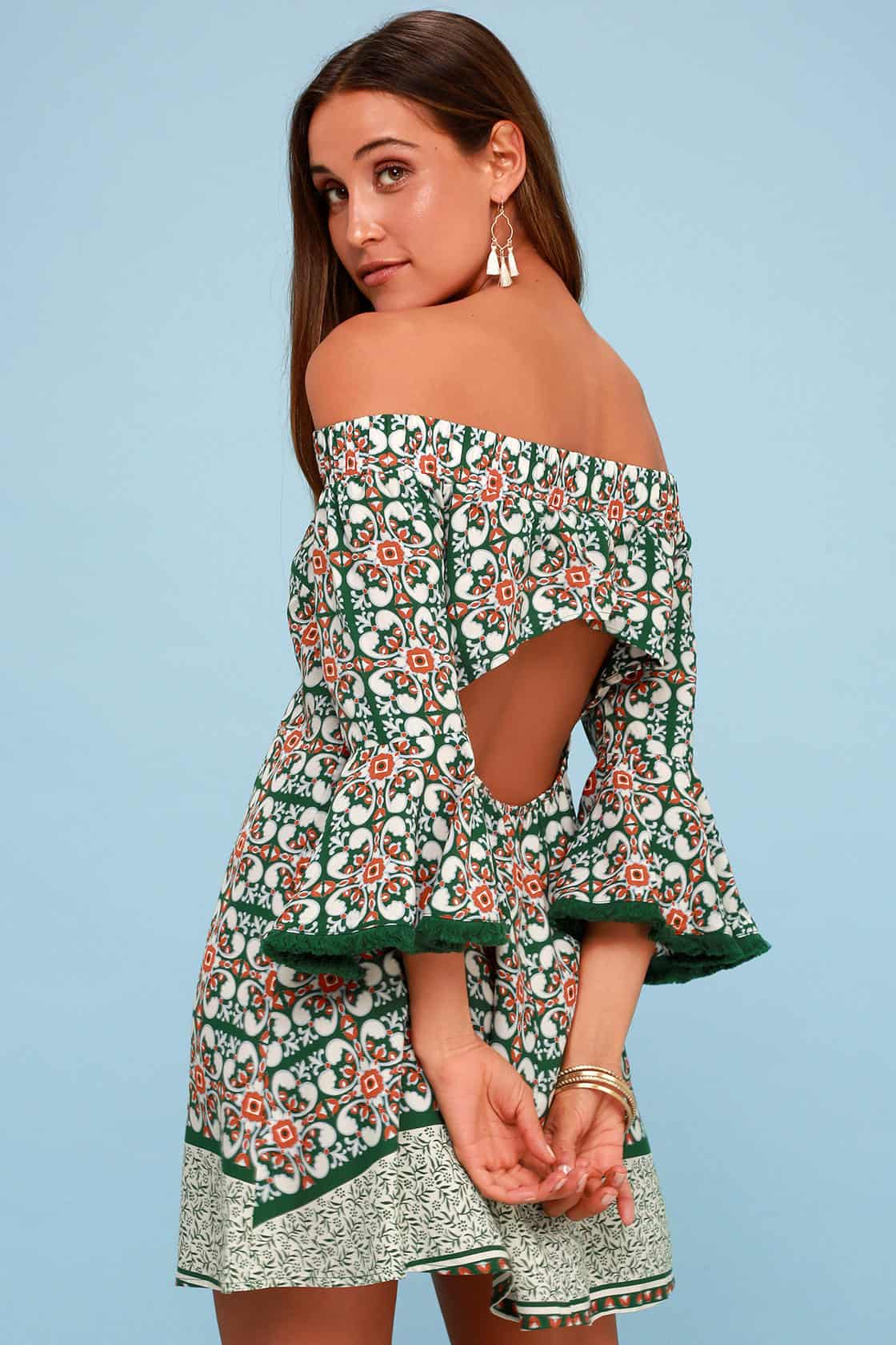 Amalfi Coast Outfits Positano Italy Dresses Green Pattern Off The Shoulder Floral Print Mini Dress