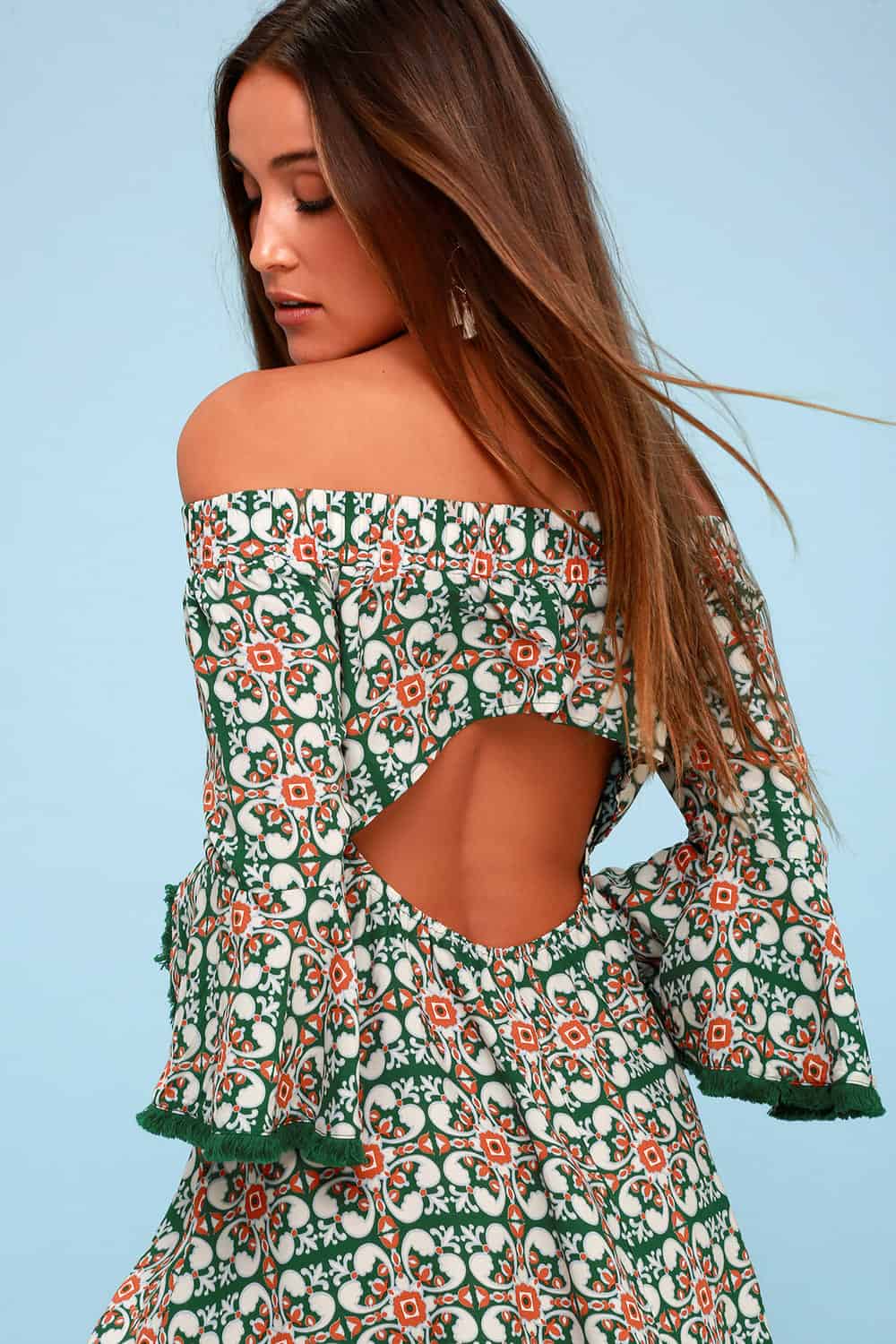 Amalfi Coast Outfits Positano Italy Dresses Green Pattern Off The Shoulder Open Back Floral Print Dress