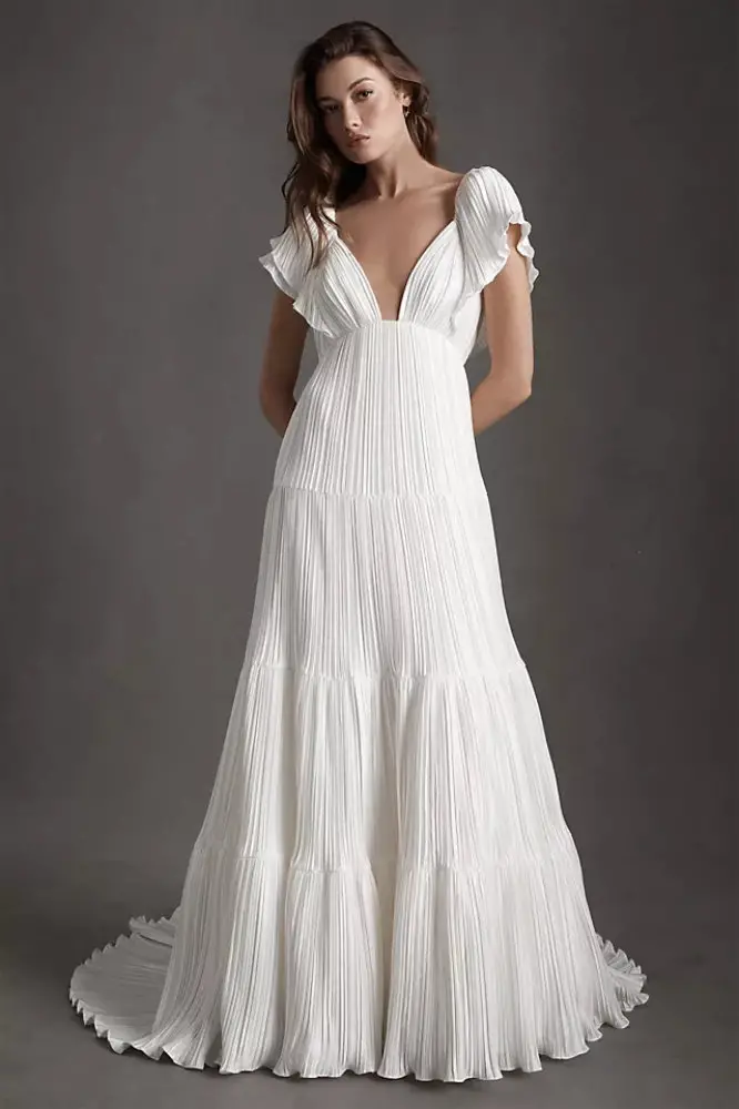 BHLDN Vintage Wedding Dresses Valerie Flutter Sleeve Pleated Satin Wedding Gown