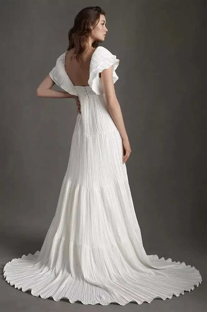 BHLDN Vintage Wedding Dresses Valerie Flutter Sleeve Pleated Satin Wedding Gown