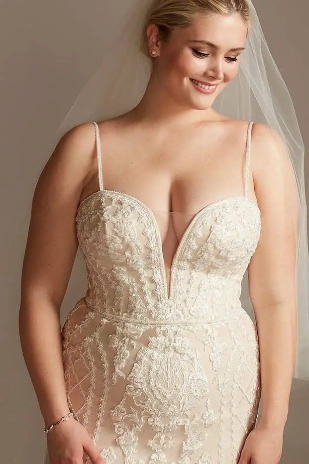Beaded Lace Plus Size Wedding Dresses with Scalloped Chapel Train Oleg Cassini