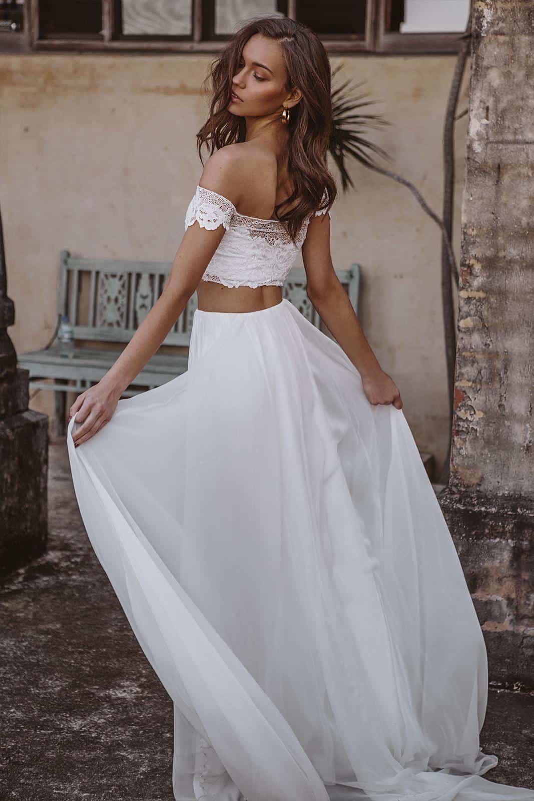 Boho Crop Top Silk Chiffon Skirts Wedding Dresses Inspiration French Lace Bridal Gowns Handmade by Grace Loves Lace Valeria