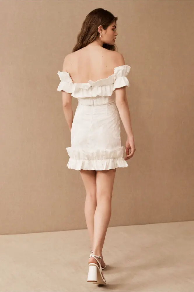 Bridal Shower Outfit Ideas for Brides Kitchen Tea Dress Off the Shoulder Ruffle V Chapman Hollyhock Dress BHLDN 3