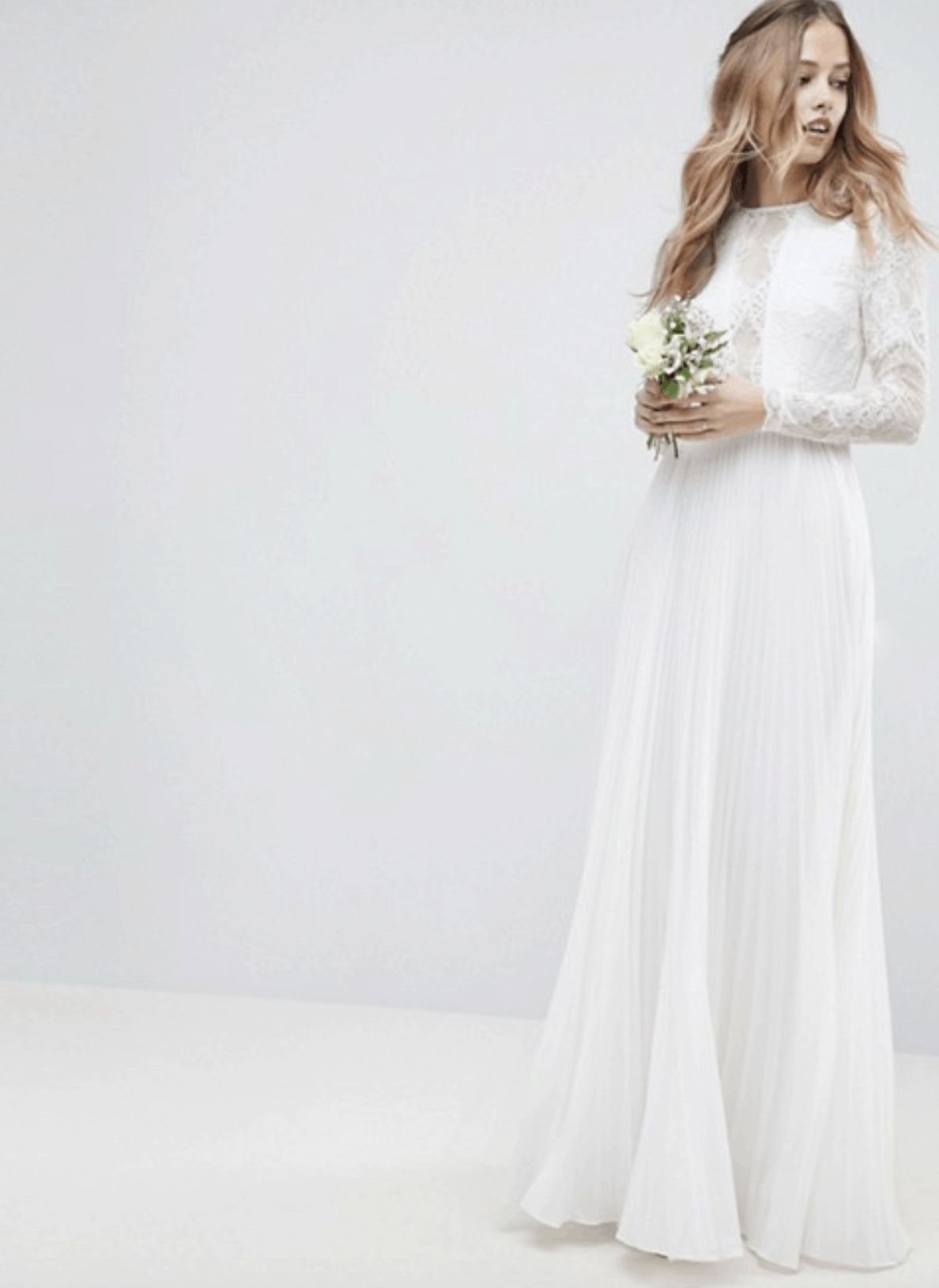 Cheap Affordable Bridal Gowns and Wedding Dresses ASOS Edition Long Sleeve Lace Bodice Maxi Wedding Dress with Pleated Skirts