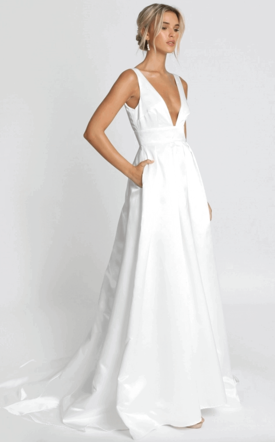 Cheap Affordable Wedding Dresses Deep V Neck Eyes of the Beholder Gown in White Showpo Bridal