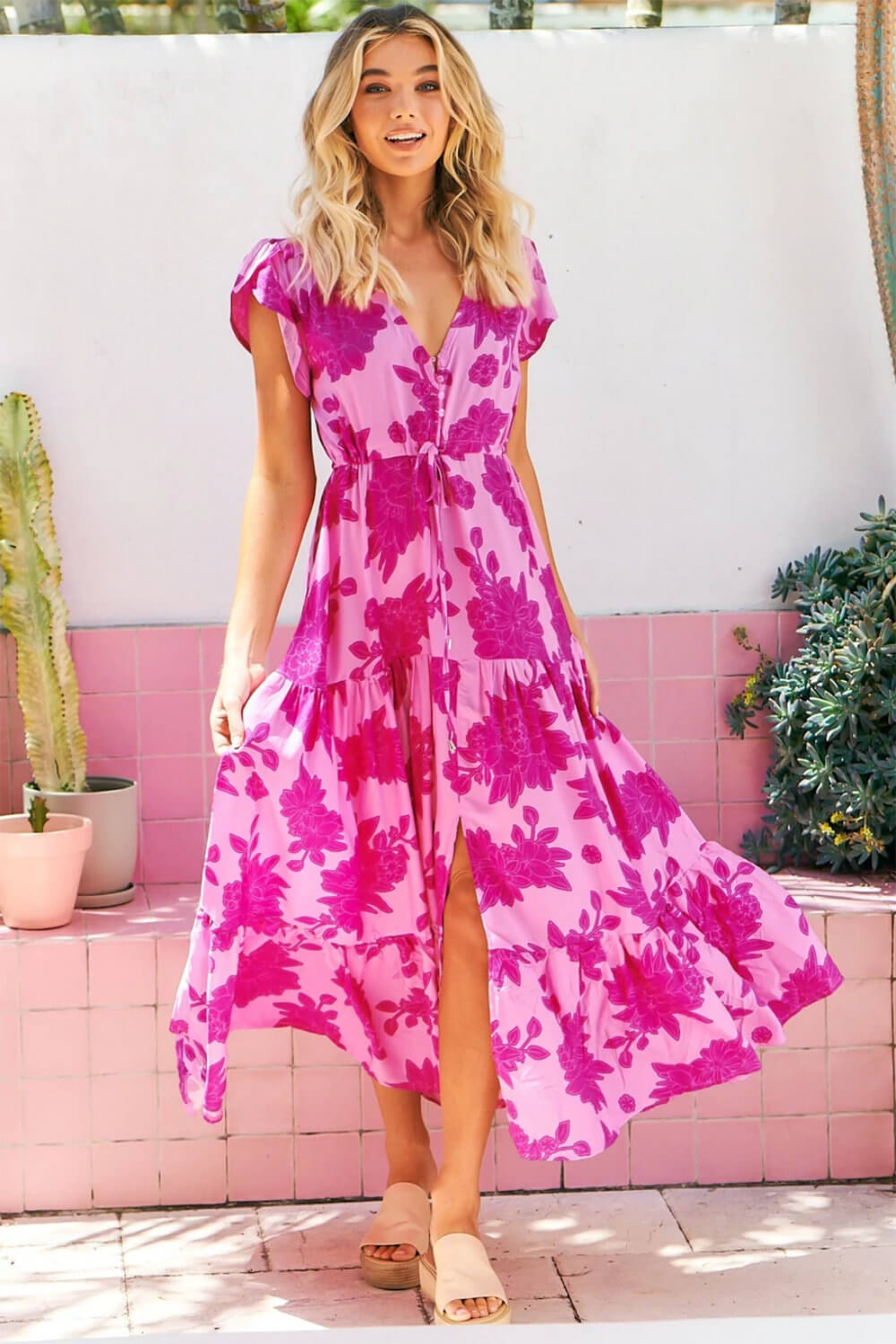 Chic Honeymoon Outfits Classy Honeymoon Dresses Pink Floral Print Maxi Dress 3
