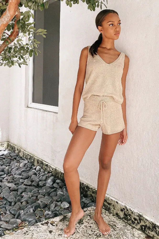 Cute Work from Home Outfit Ideas Loungewear Sets for Women Beige Knit Tank Tops Lulus