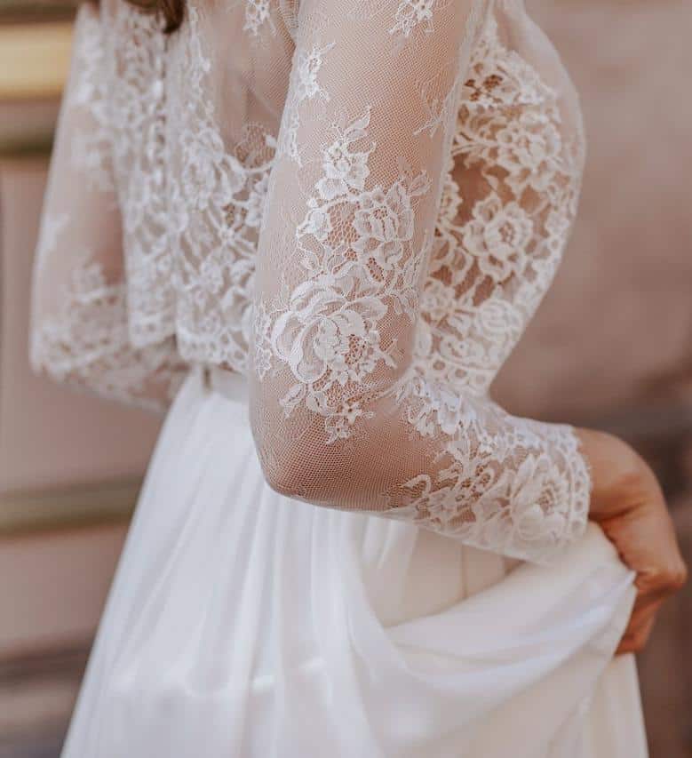 Designer Wedding Dress Under $1500 Anna Bella Jasmine Lace Crop Top Two Layer High Waist Skirt