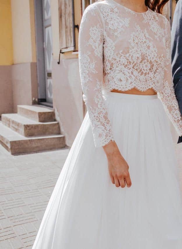 Designer Wedding Dress Under $1500 Anna Bella Jasmine Lace Crop Top Two Layer High Waist Skirts