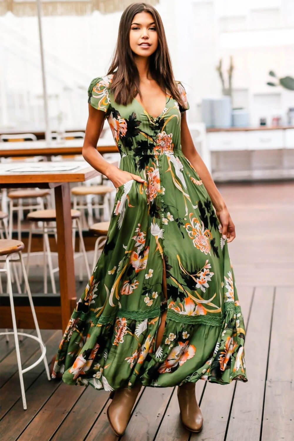 Elegant Honeymoon Dresses Chic Honeymoon Outfits Green Floral Print Maxi Dress 3