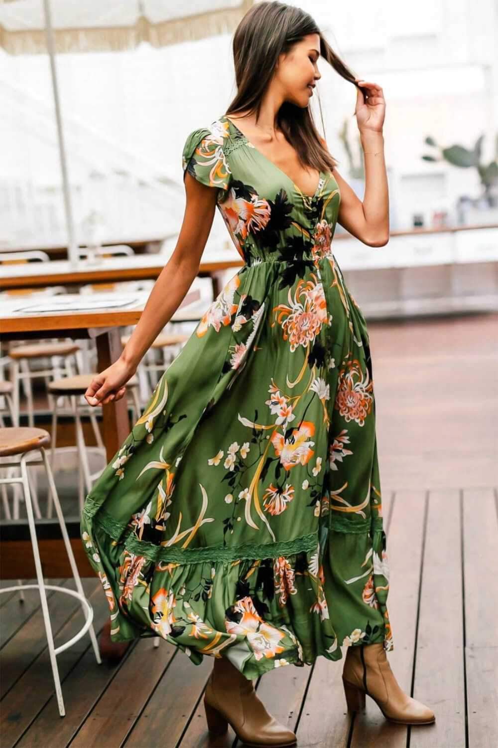 Elegant Honeymoon Dresses Chic Honeymoon Outfits Green Floral Print Maxi Dress