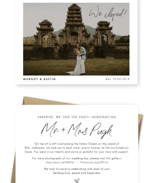 Elopement Announcement We Eloped Bali Photo Elopement Cards Anni Graham Photography For the Love of Stationery