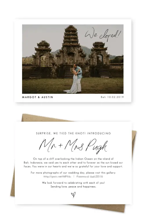 Elopement Announcement We Eloped Bali Photo Elopement Cards Anni Graham Photography For the Love of Stationery