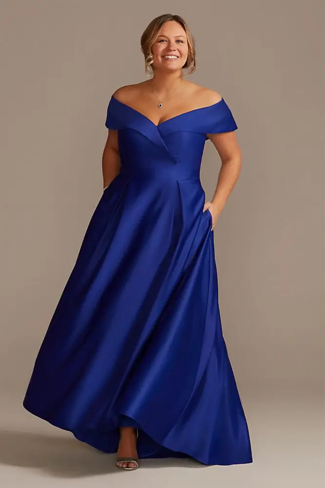 Fashionable Mother of the Bride Dresses Blue Off The Shoulder Satin Ball Gown Davids Bridal