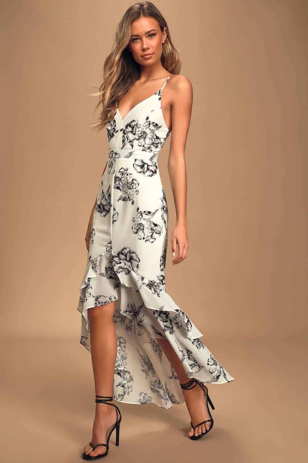 Floral Bridesmaid Dresses Online Black White Floral Print High-Low Maxi Dress Lulus
