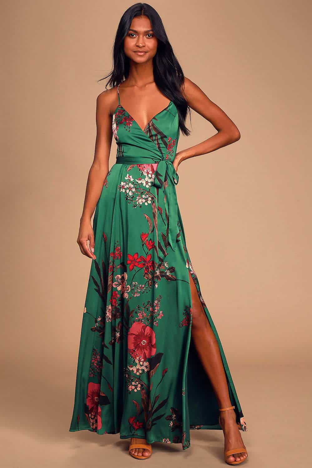 Floral Bridesmaid Dresses Online Emerald Green Floral Print Satin Maxi Dress Lulus 2