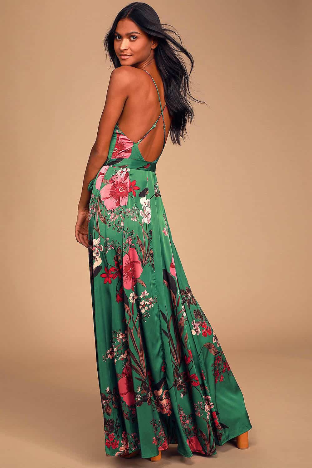 Floral Bridesmaid Dresses Online Emerald Green Floral Print Satin Maxi Dress Lulus