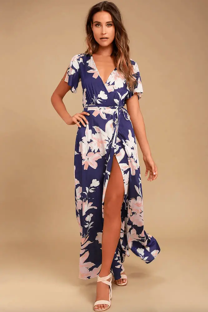 Floral Bridesmaid Dresses Online Navy Blue Floral Print Wrap Maxi Dress Lulus
