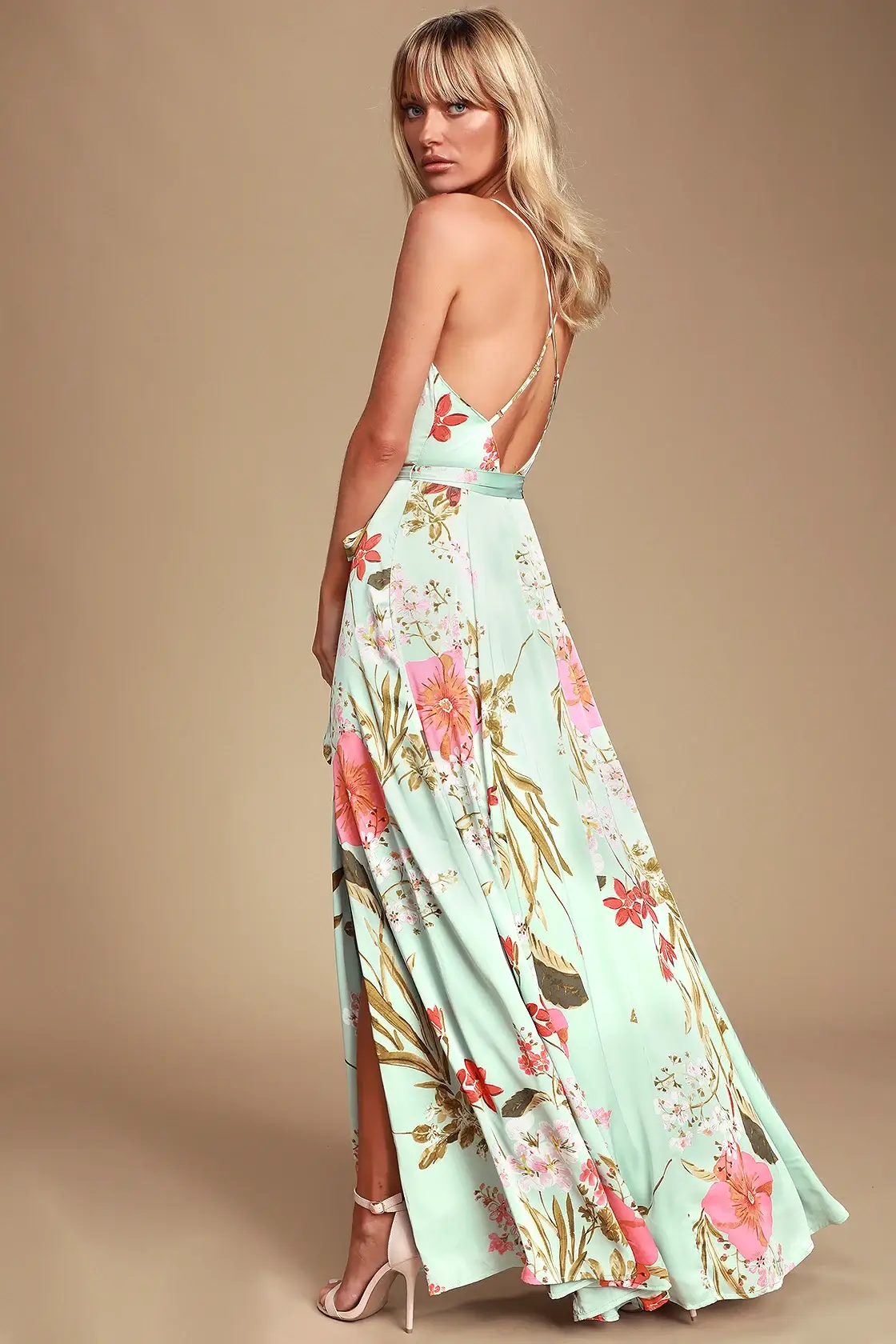 Floral Bridesmaid Dresses Online Sage Green Floral Print Satin Maxi Dress Lulus
