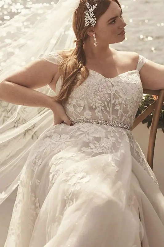 Floral Plus Size Wedding Dress A Line with Swag Sleeves Galina Signature David's Bridal