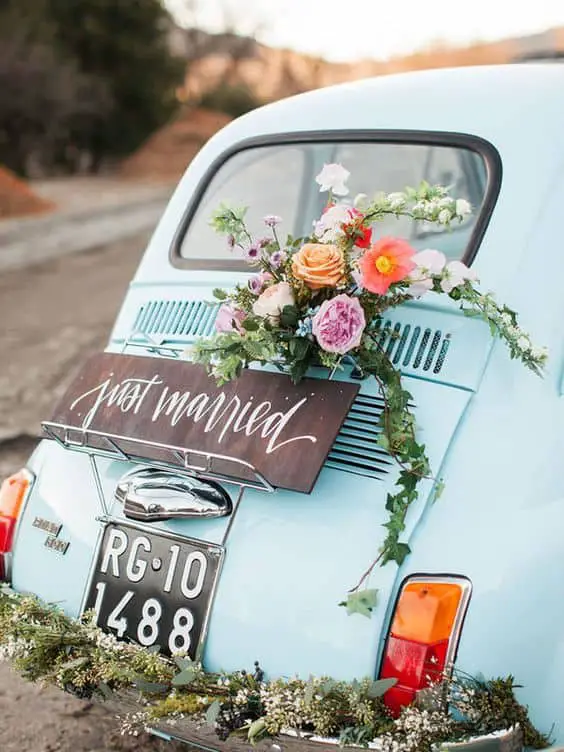 Floral Wedding Ideas Just Married Car Decoration Wisteria Photography