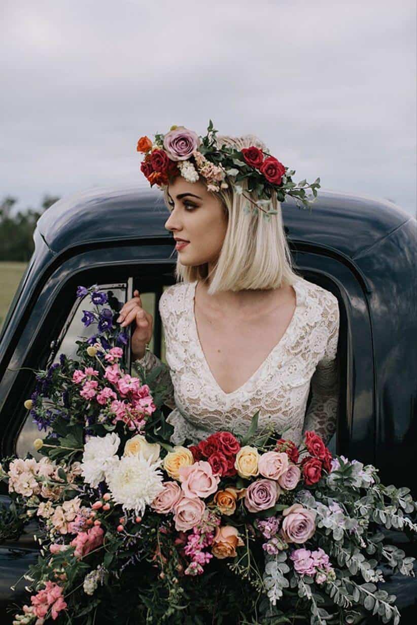 Flower Crown Bride Wedding Dress Long Sleeves Lace Wedding Bouquet Ode Studios