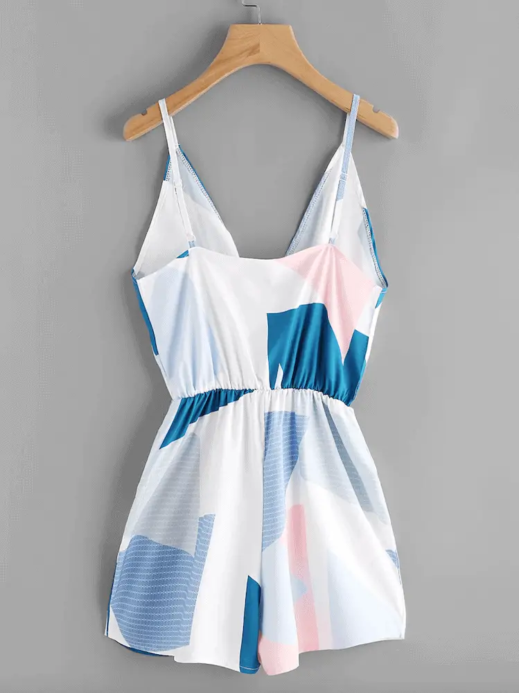 How to Dress for Your Honeymoon Blue Abstract Print Surplice Cami Romper 2