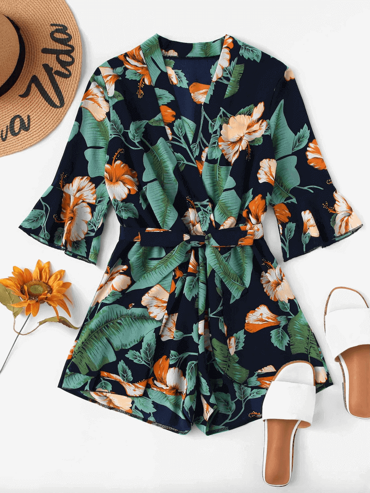 How to Dress for Your Honeymoon Green Navy Blue Floral Print Romper with Fluted Sleeve