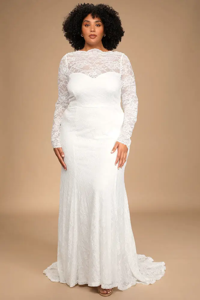 Inexpensive Plus Size Wedding Dresses Lace Long Sleeve Mermaid Maxi Dress 2