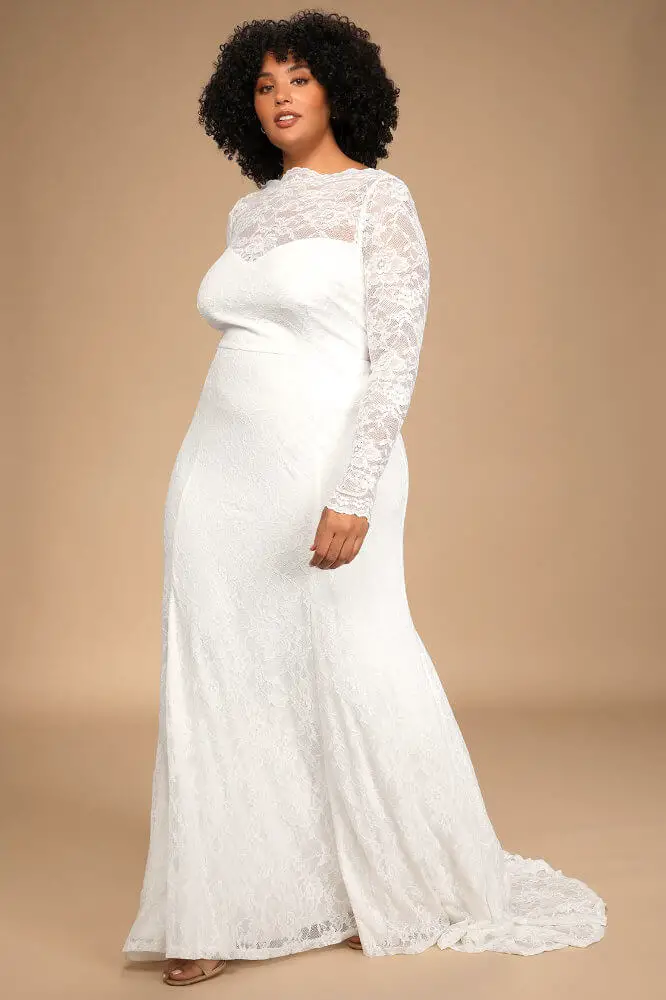 Inexpensive Plus Size Wedding Dresses Lace Long Sleeve Mermaid Maxi Dress