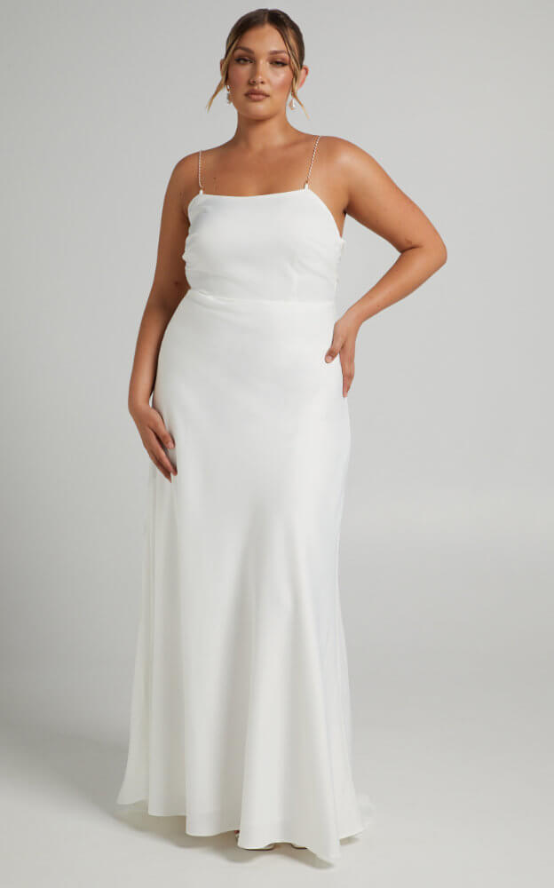 Inexpensive Plus Size Wedding Dresses Open Back Pearl Strap Dress 3