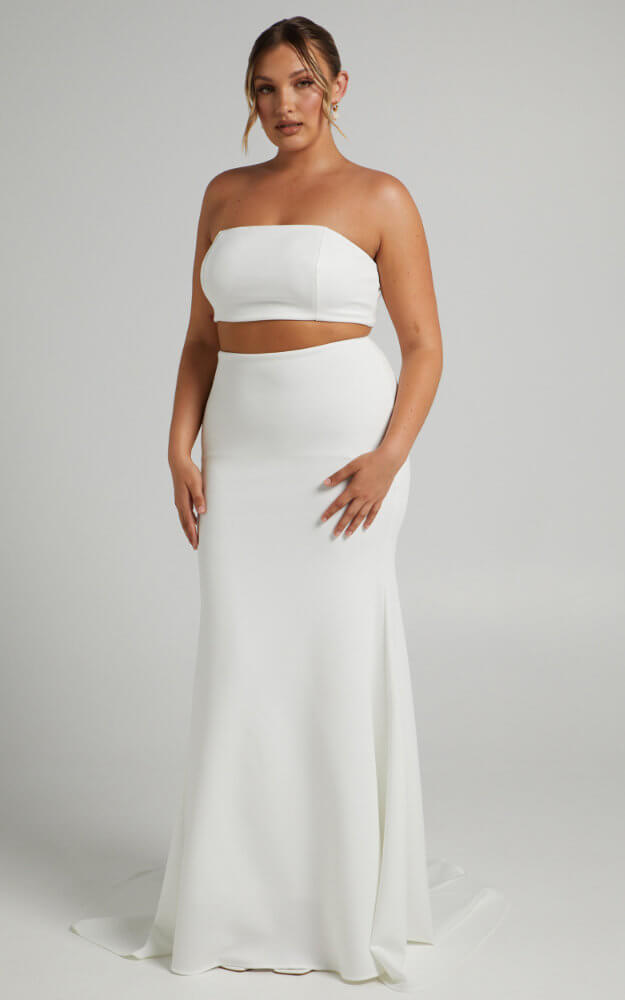 Inexpensive Plus Size Wedding Dresses Strapless Two Piece Set Crop Top Skirt 2