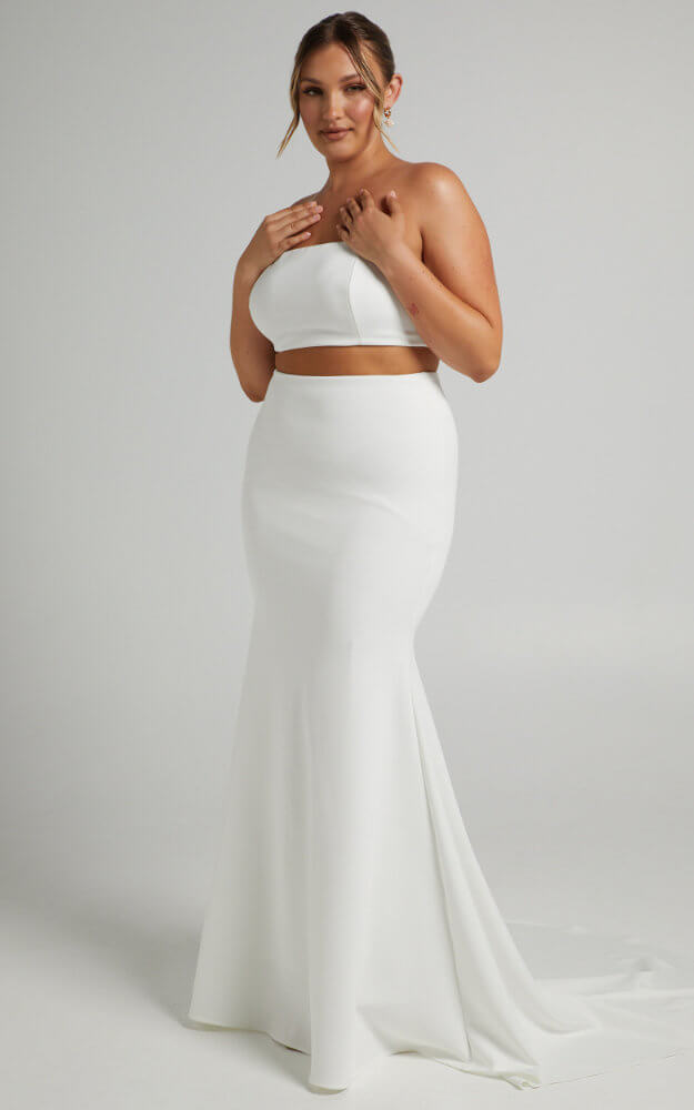 Inexpensive Plus Size Wedding Dresses Strapless Two Piece Set Crop Top Skirt 3