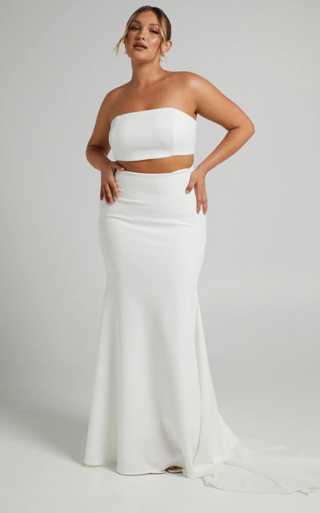 Inexpensive Plus Size Wedding Dresses Strapless Two Piece Set Crop Top Skirt