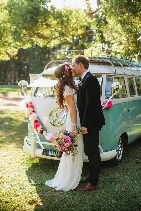 Just Married Kombi Vintage Wedding Car Rental Floral Inspiration LJM Photography