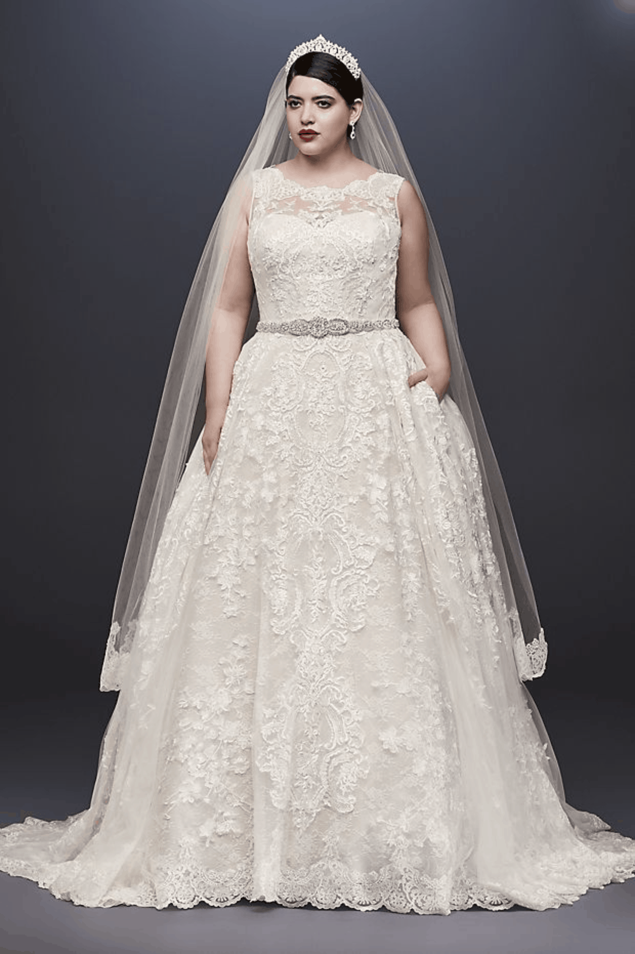 Lace Plus Size Wedding Dress with Pleated Skirt Oleg Cassini Plus Size Davids Bridal Gown