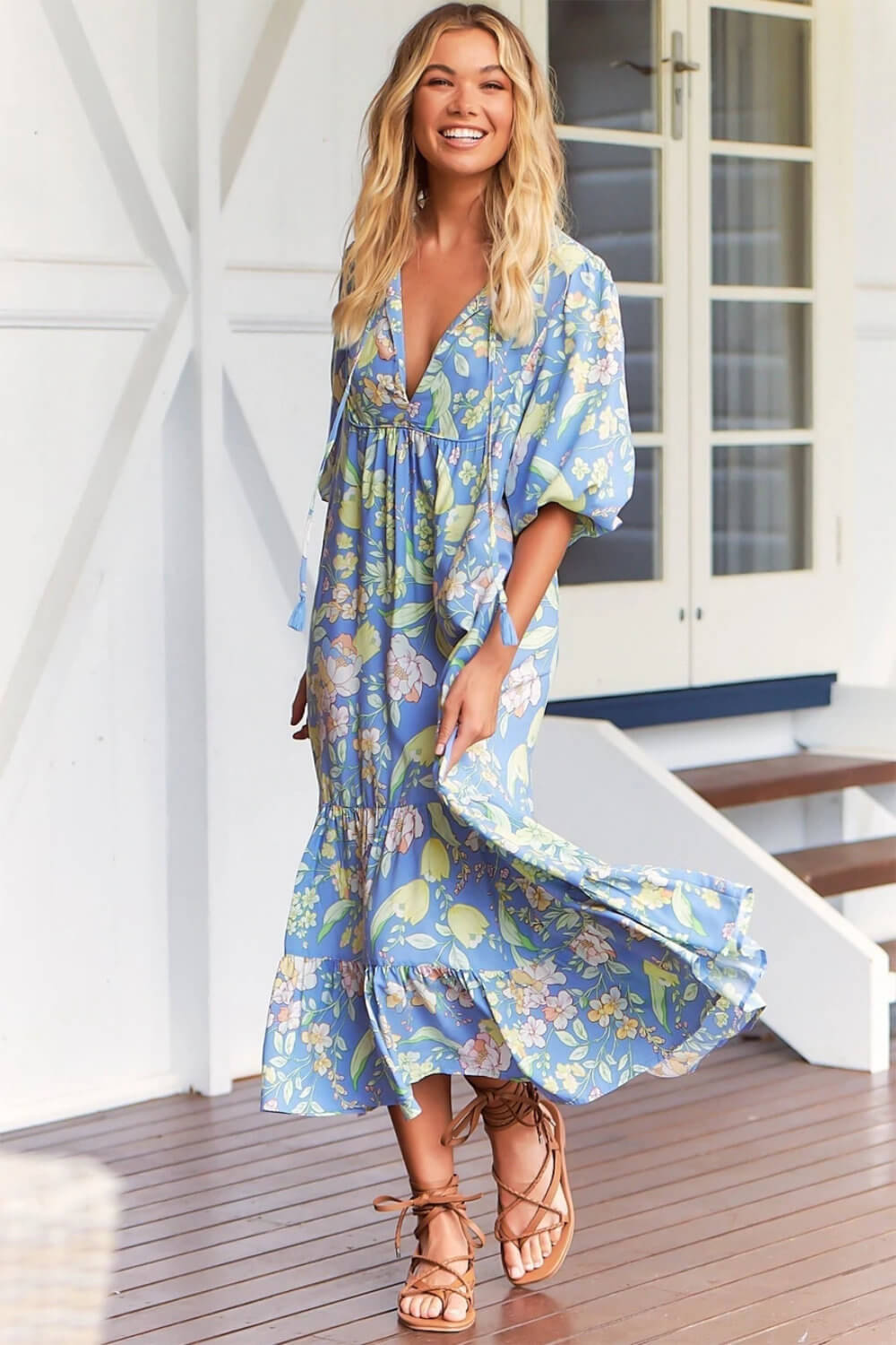 Modest Honeymoon Clothing Classy Honeymoon Dresses Blue Bohemian Floral Print Midi Dress 2
