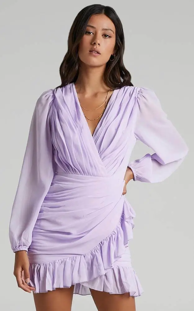 Non Traditional Bridal Shower Dress Online Lilac Sheer Puff Sleeves Mini Dress