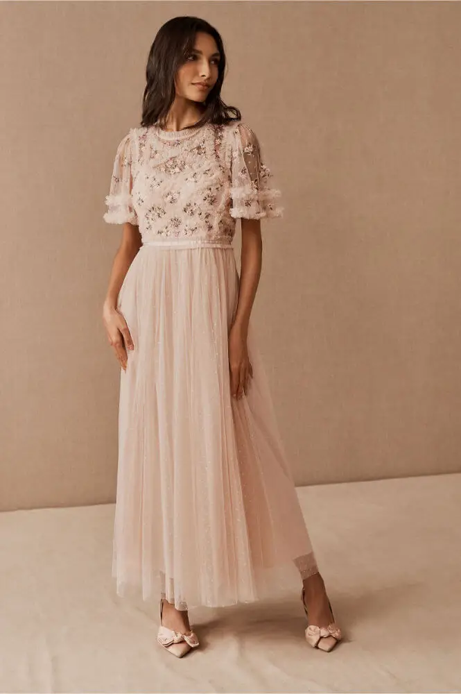 Non Traditional Kitchen Tea Dresses Untraditional Bridal Shower Dress Floral Embroidery Needle & Thread Ophelia Bodice Ankle Gown BHLDN 2