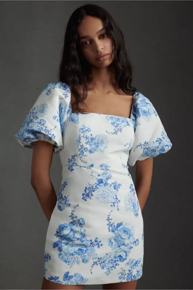 Non Traditional Kitchen Tea Dresses Untraditional Bridal Shower Dress Floral Puffed Sleeves Sachin & Babi Kendall Chinoiserie Mini Dress BHLDN 4