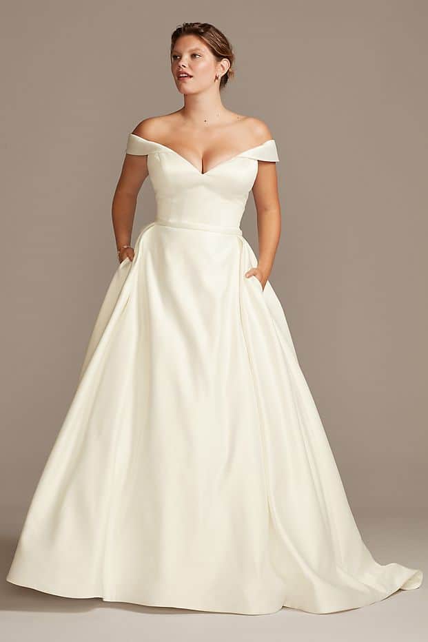 Off Shoulder Satin Gown Plus Size Wedding Dresses Curvy Bride Davids Bridal