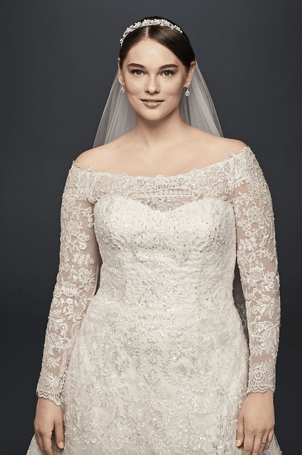 Off-The-Shoulder Plus Size A-Line Wedding Dress Oleg Cassini Plus Size Davids Bridal Gowns