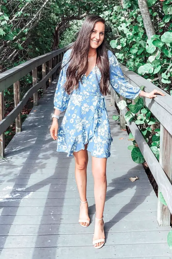 Perfect Summer Outfits for the Beach Dusty Blue Floral Print Wrap Dress