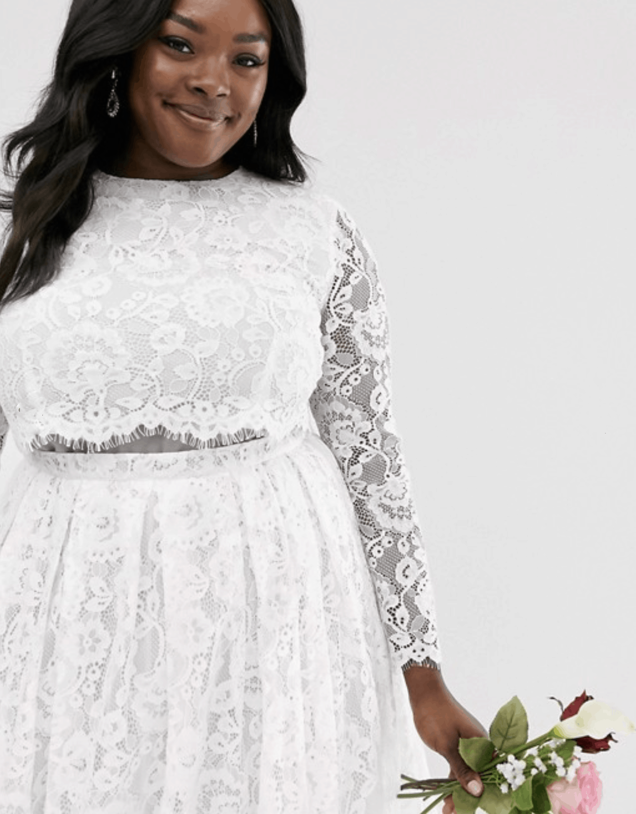 Plus Size Lace Long Sleeve Crop Top Maxi Wedding Dress for Curvy Brides 2