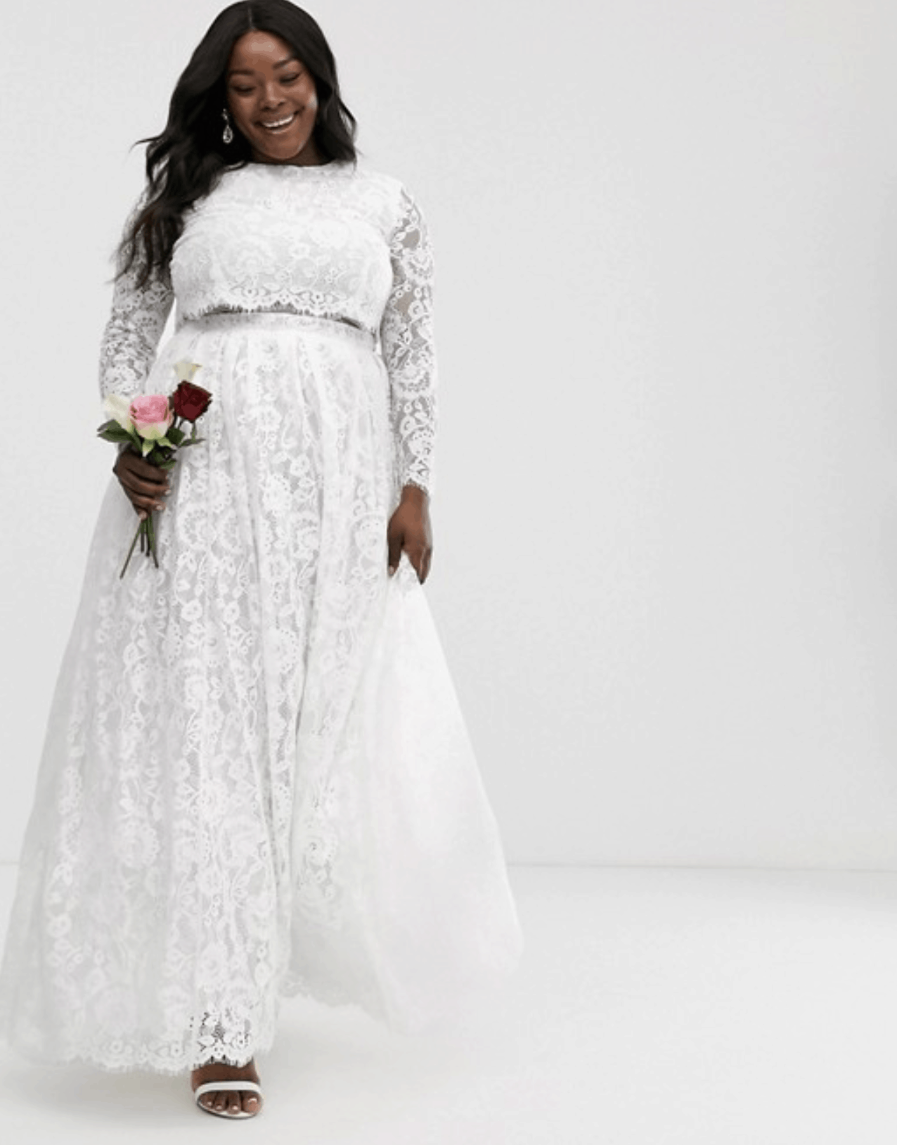 Plus Size Lace Long Sleeve Crop Top Maxi Wedding Dress for Curvy Brides
