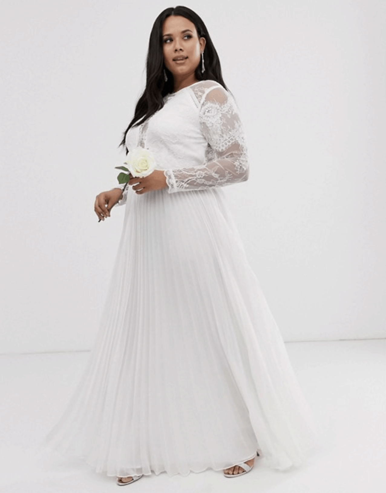 Plus Size Long Sleeve Lace Bodice Maxi Wedding Dress for Curvy Brides
