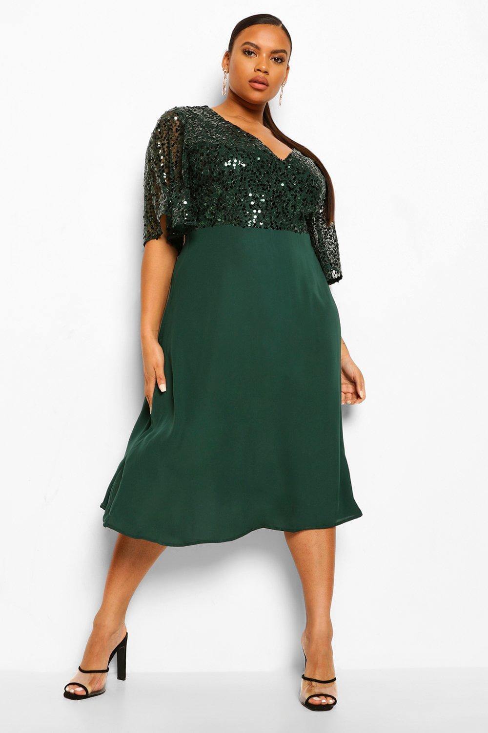 Plus Size Wedding Guest Dresses Curvy Dresses Emerald Green Sequin Sleeve Midi Dress Boohoo