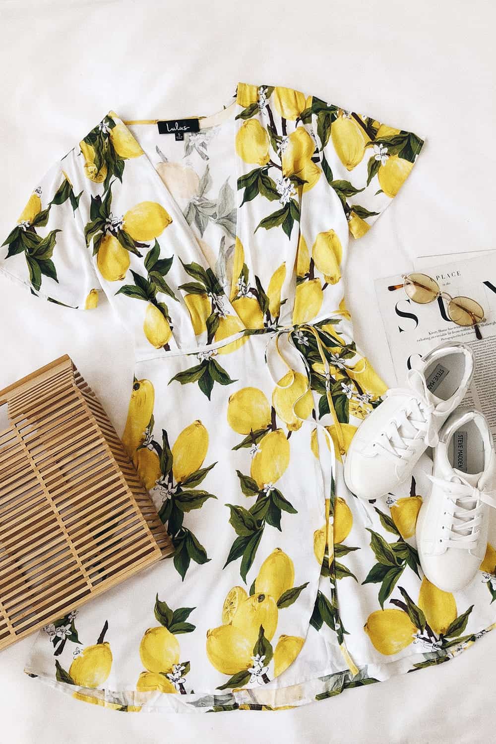 Positano Outfits Maxi Dresses A La Tart White and Yellow Lemon Print Wrap Dress Lulus