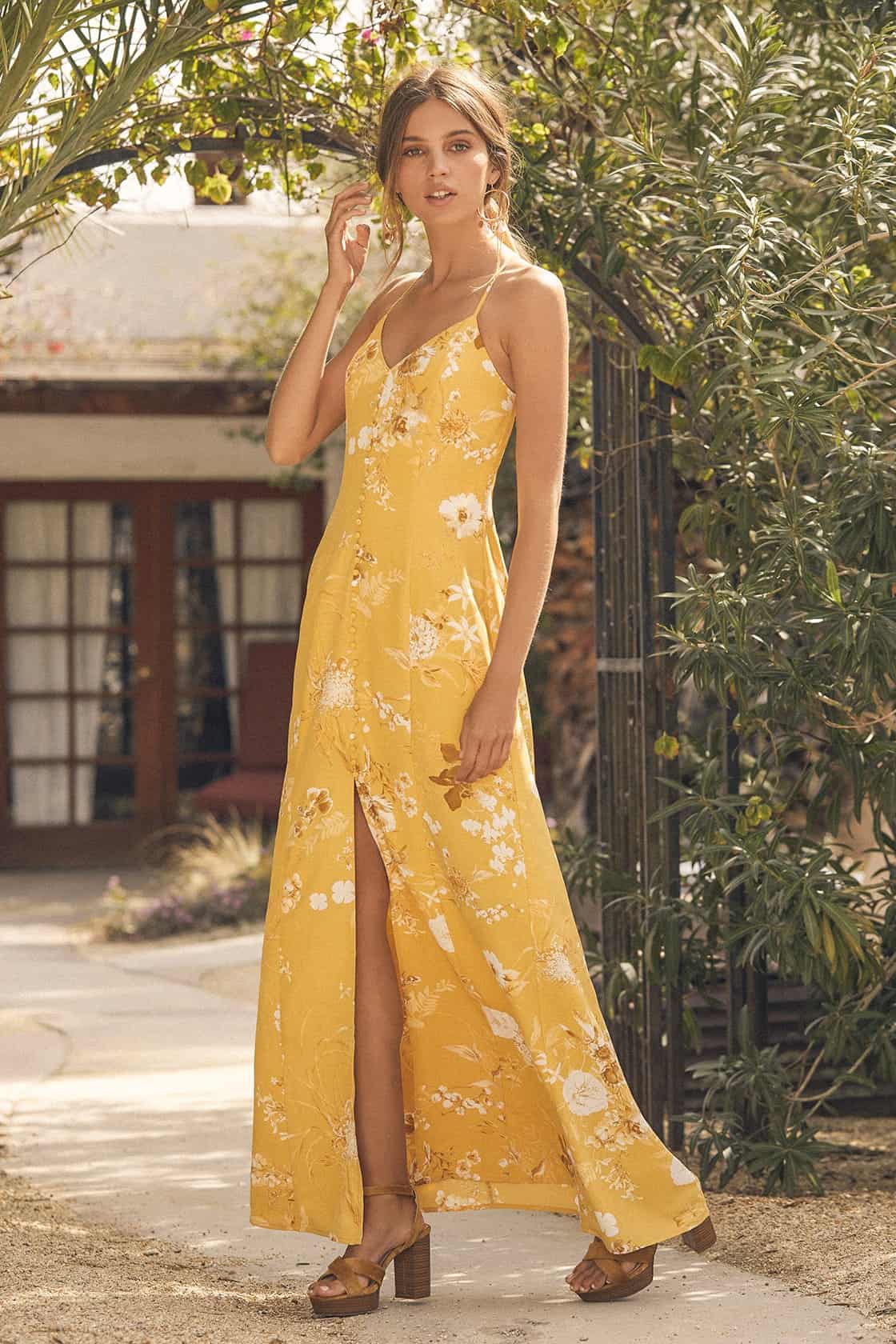 Positano Outfits Maxi Dresses Crista Yellow Print Button-Front Maxi Dress Lulus