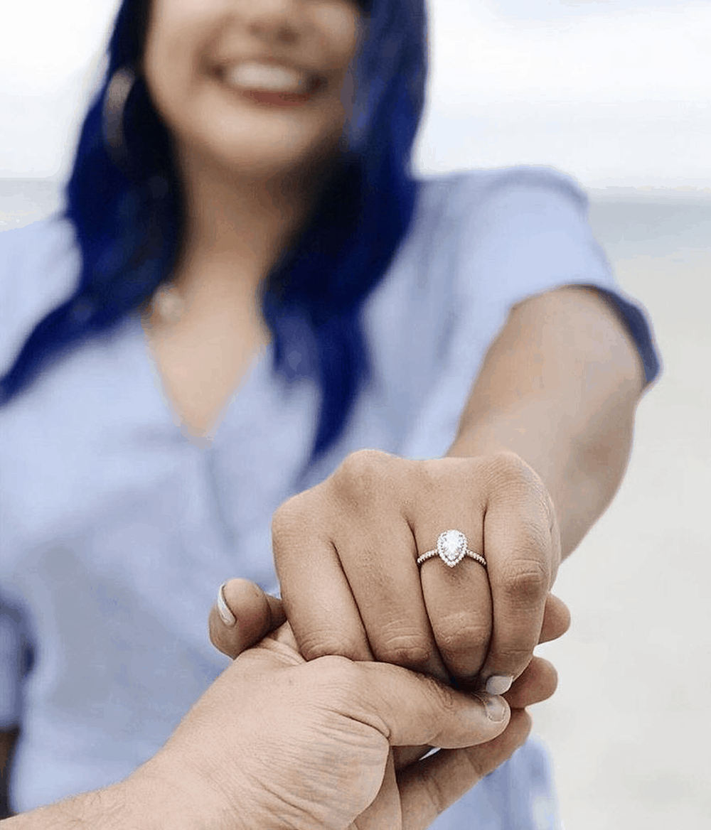 Romantic Beach Proposal Ideas James Allen Ring Teardrop Diamond Engagement and Wedding Rings